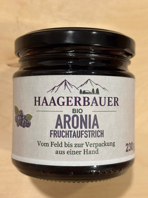 HAAGERBAUER Bio-Aronia-Fruchtaufstrich im 230-g-Glas, Vorderansicht